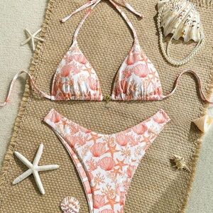 Coral and White Seashell Bikini Set